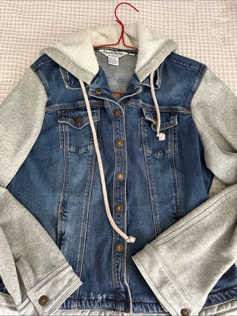 NorthStyle Women's Blue Denim Jacket with Gray Hoodie Sleeves